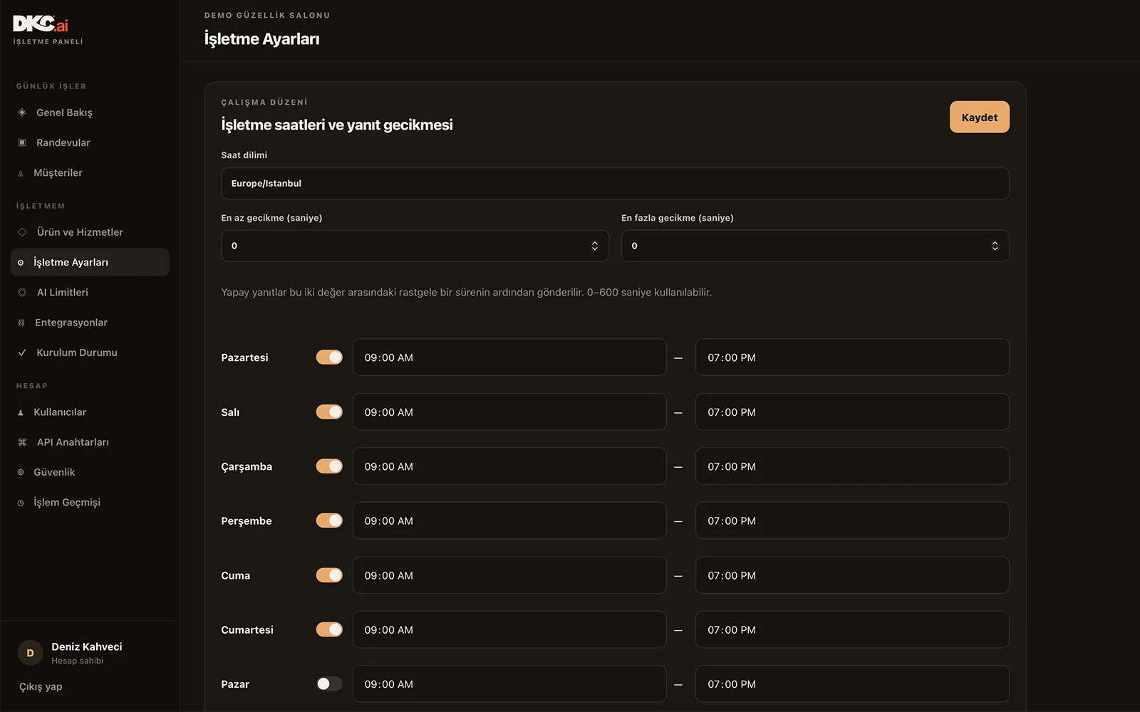 Business settings: time zone, reply delay and opening hours day by day