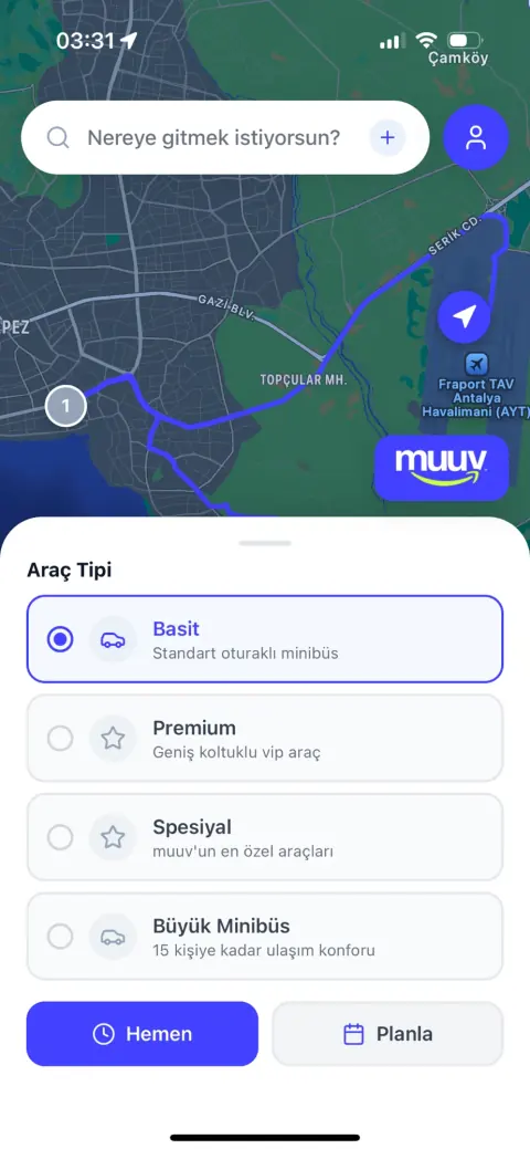 Araç tipi: minibüsten VIP araca dört seçenek