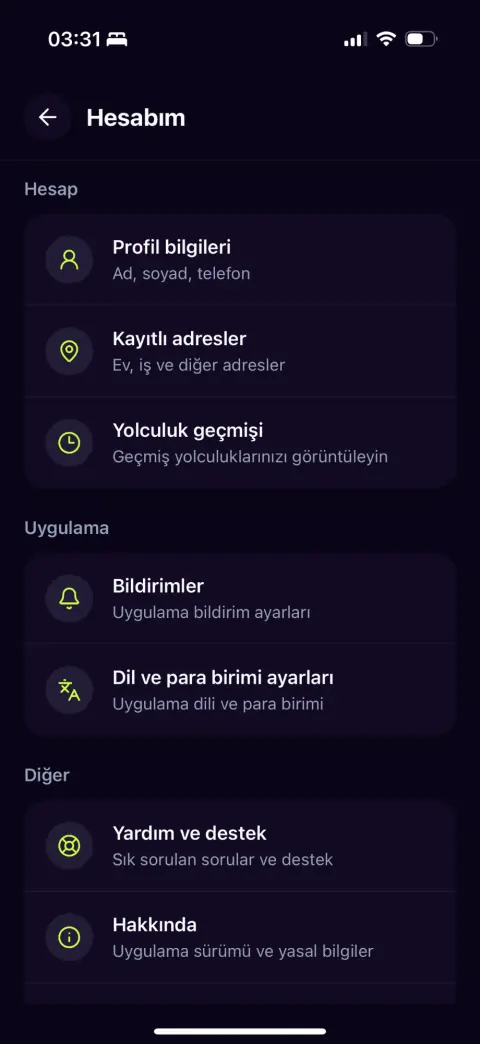 Hesap, kayıtlı adresler ve yolculuk geçmişi